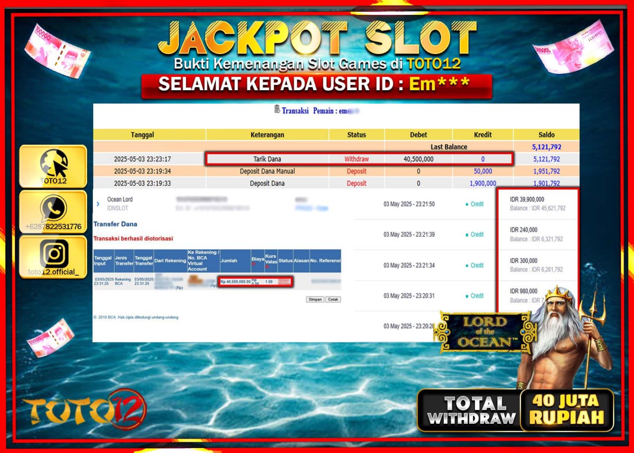 HANYA DI TOTO12 JP PASTI DI BAYAR LUNAS DAN CEPAT!!!!!! JACKPOT SLOT GAME (OCEAN LORD) Rp.40.000.000 !!!!