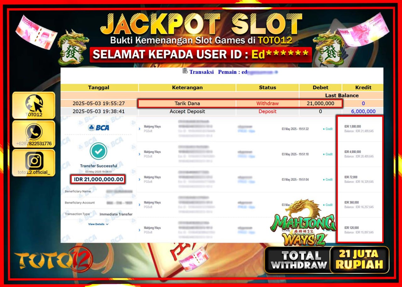 HANYA DI TOTO12 JP PASTI DI BAYAR LUNAS DAN CEPAT!!!!!! JACKPOT SLOT GAME (MAHJONG WAYS 2) Rp.21.000.000 !!!!