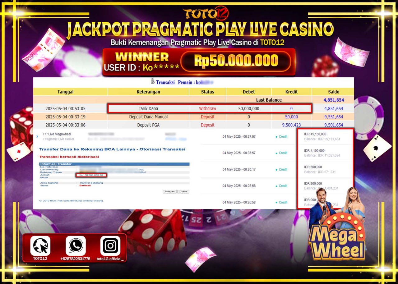 HANYA DI TOTO12 JP PASTI DI BAYAR LUNAS DAN CEPAT!!!!!! JACKPOT PRAGMATIC PLAY LIVE CASINO (MEGA WHEEL) Rp.50.000.000 !!!!
