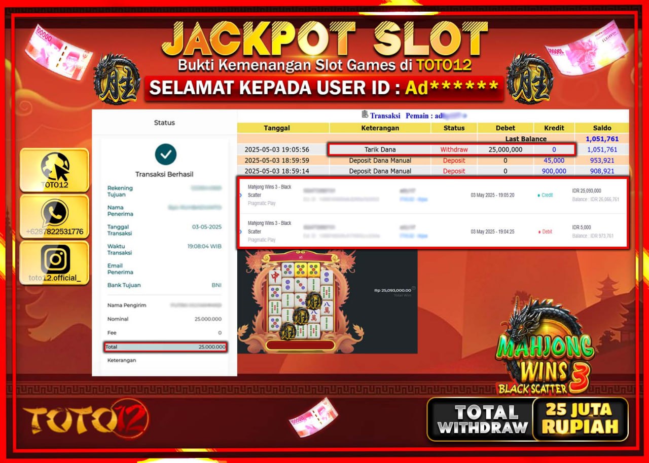 HANYA DI TOTO12 JP PASTI DI BAYAR LUNAS DAN CEPAT!!!!!! JACKPOT SLOT GAME (MAHJONG WINS 3 BLACK SCATTER) Rp.25.000.000 !!!!