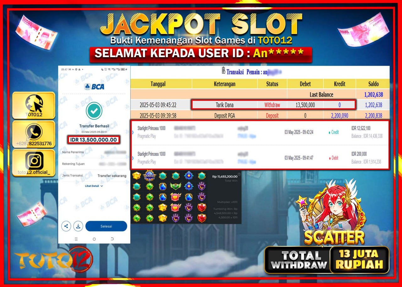 HANYA DI TOTO12 JP PASTI DI BAYAR LUNAS DAN CEPAT!!!!!! JACKPOT SLOT GAME (STARLIGHT PRINCESS 1000) Rp.13.000.000 !!!!