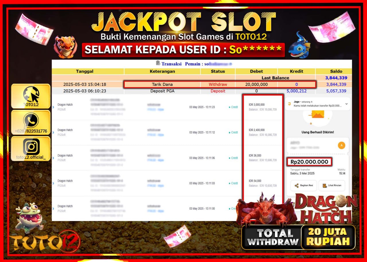 HANYA DI TOTO12 JP PASTI DI BAYAR LUNAS DAN CEPAT!!!!!! JACKPOT SLOT GAME (DRAGON HATCH) Rp.20.000.000 !!!!