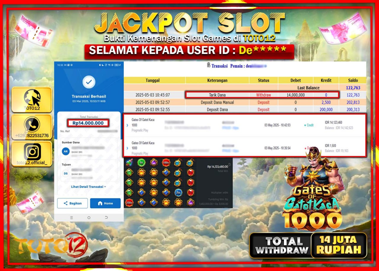 HANYA DI TOTO12 JP PASTI DI BAYAR LUNAS DAN CEPAT!!!!!! JACKPOT SLOT GAME (GATES OF GATOT KACA 1000) Rp.14.000.000 !!!!