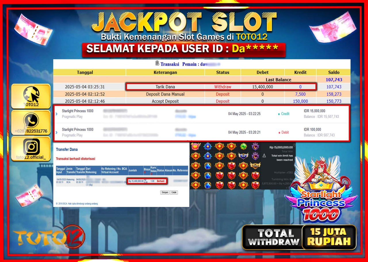 HANYA DI TOTO12 JP PASTI DI BAYAR LUNAS DAN CEPAT!!!!!! JACKPOT SLOT GAME (STARLIGHT PRINCESS 1000) Rp.15.000.000 !!!!