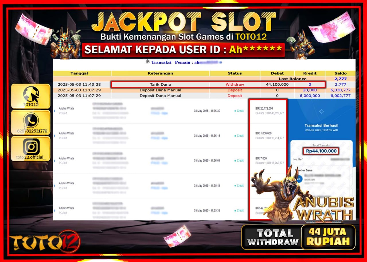 HANYA DI TOTO12 JP PASTI DI BAYAR LUNAS DAN CEPAT!!!!!! JACKPOT SLOT GAME (ANUBIS WRATH) Rp.44.000.000 !!!!