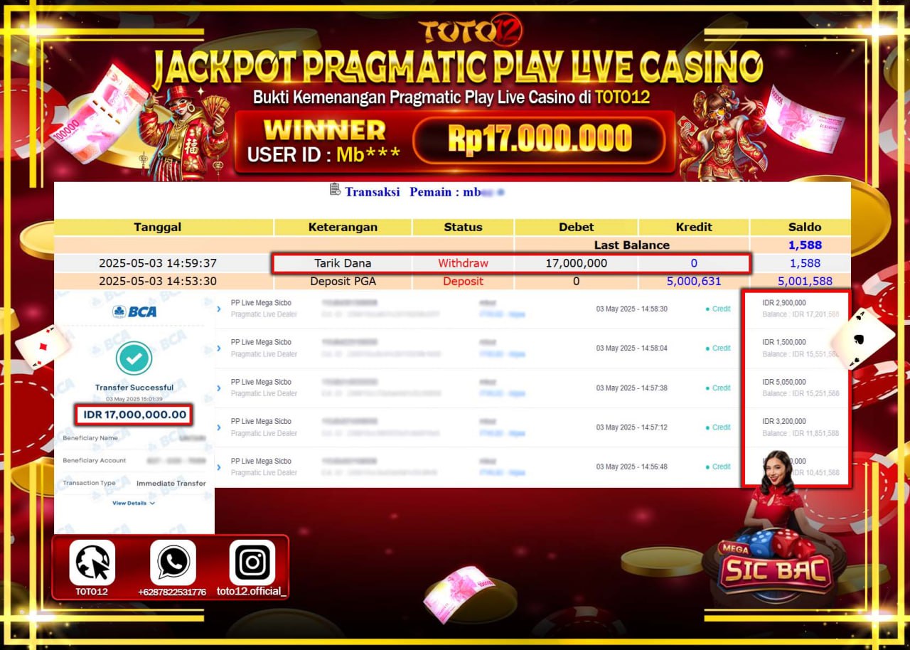 HANYA DI TOTO12 JP PASTI DI BAYAR LUNAS DAN CEPAT!!!!!! JACKPOT PRAGMATIC PLAY LIVE CASINO (LIVE MEGA SICBO) Rp.17.000.000 !!!!