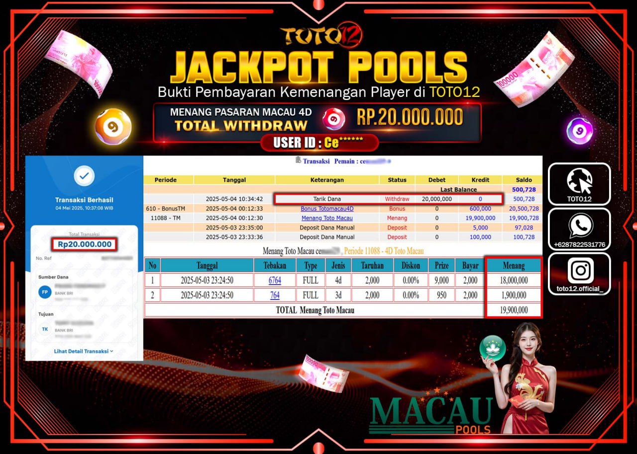 HANYA DI TOTO12 JP PASTI DI BAYAR LUNAS DAN CEPAT!!!!!! JACKPOT POOLS PASARAN (TOTO MACAU4D) Rp.20.000.000 !!!!
