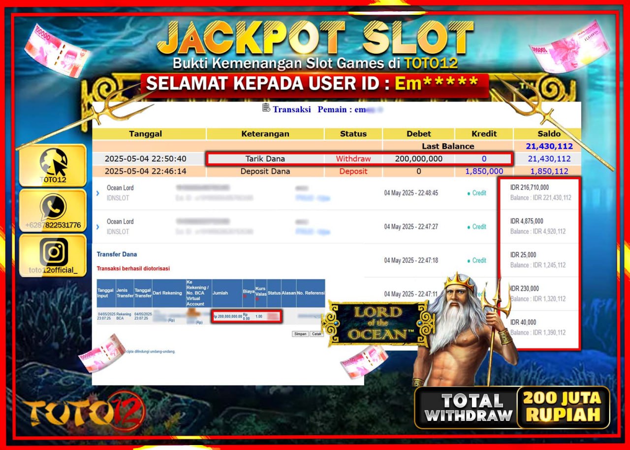 HANYA DI TOTO12 JP PASTI DI BAYAR LUNAS DAN CEPAT!!!!!! JACKPOT SLOT GAME (OCEAN LORD) Rp.200.000.000 !!!!