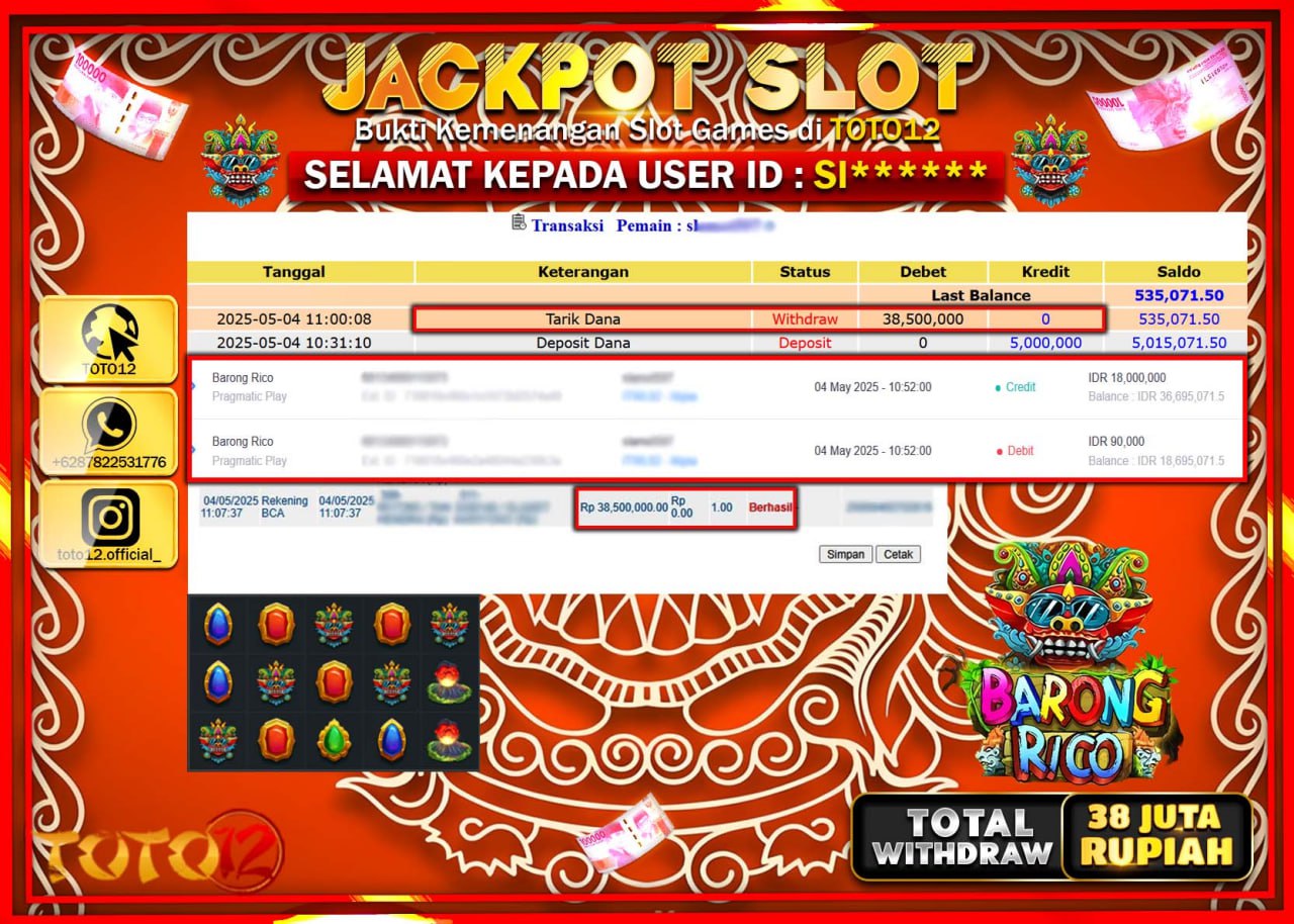 HANYA DI TOTO12 JP PASTI DI BAYAR LUNAS DAN CEPAT!!!!!! JACKPOT SLOT GAME (BARONG RICO) Rp.38.000.000 !!!!