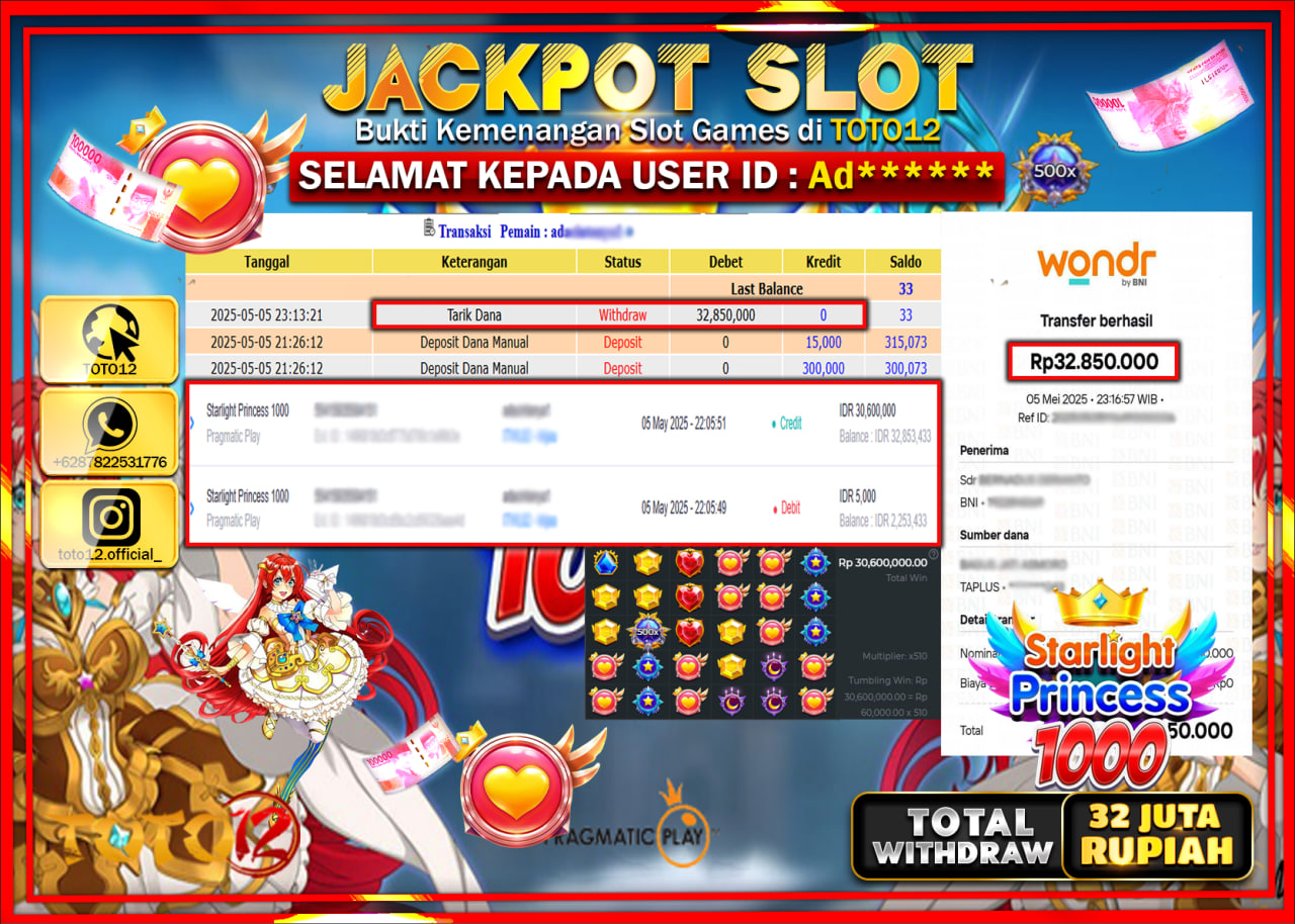 HANYA DI TOTO12 JP PASTI DI BAYAR LUNAS DAN CEPAT!!!!!! JACKPOT SLOT GAME (STARLIGHT PRINCESS 1000) Rp.32.000.000 !!!!