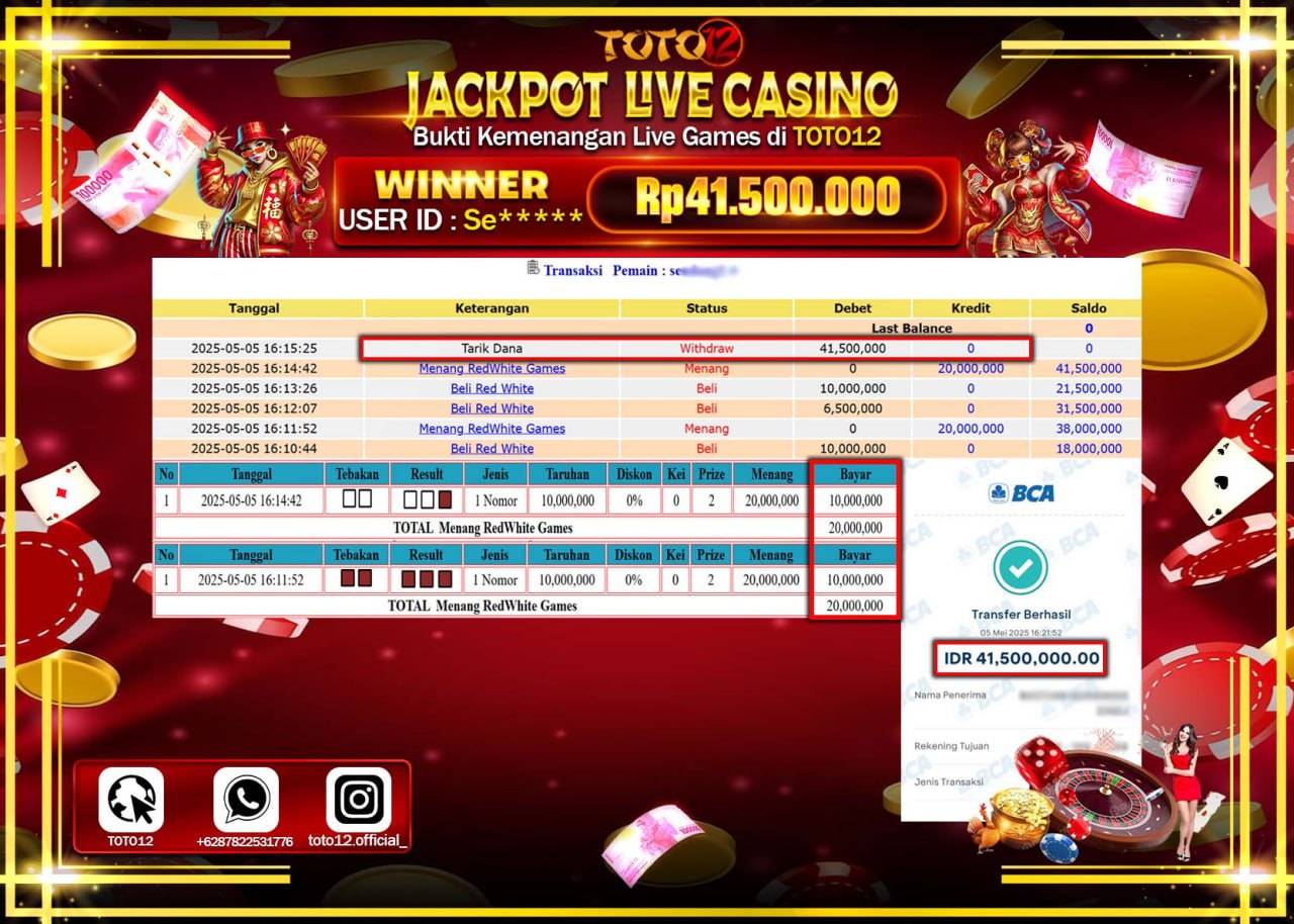 HANYA DI TOTO12 JP PASTI DI BAYAR LUNAS DAN CEPAT!!!!!! JACKPOT LIVE GAMES CASINO (RED WHITE) Rp.41.500.000 !!!!
