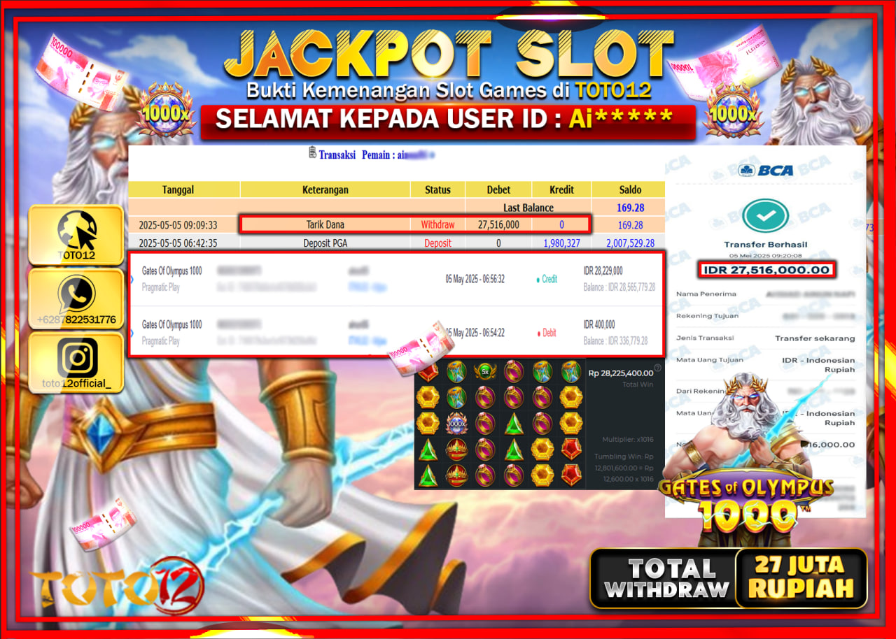HANYA DI TOTO12 JP PASTI DI BAYAR LUNAS DAN CEPAT!!!!!! JACKPOT SLOT GAME (GATES OF OLYMPUS 1000) Rp.27.000.000 !!!!