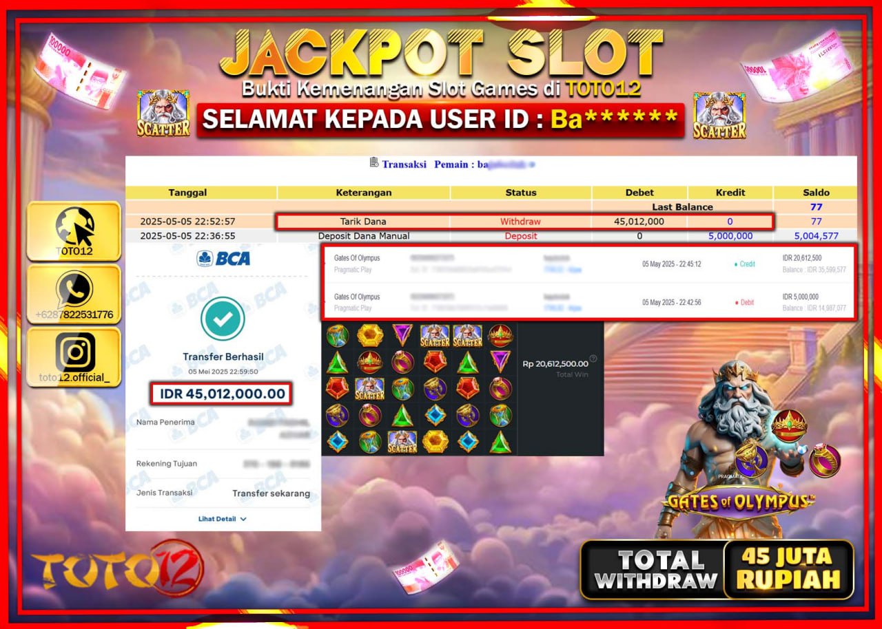 HANYA DI TOTO12 JP PASTI DI BAYAR LUNAS DAN CEPAT!!!!!! JACKPOT SLOT GAME (GATES OF OLYMPUS) Rp.45.000.000 !!!!
