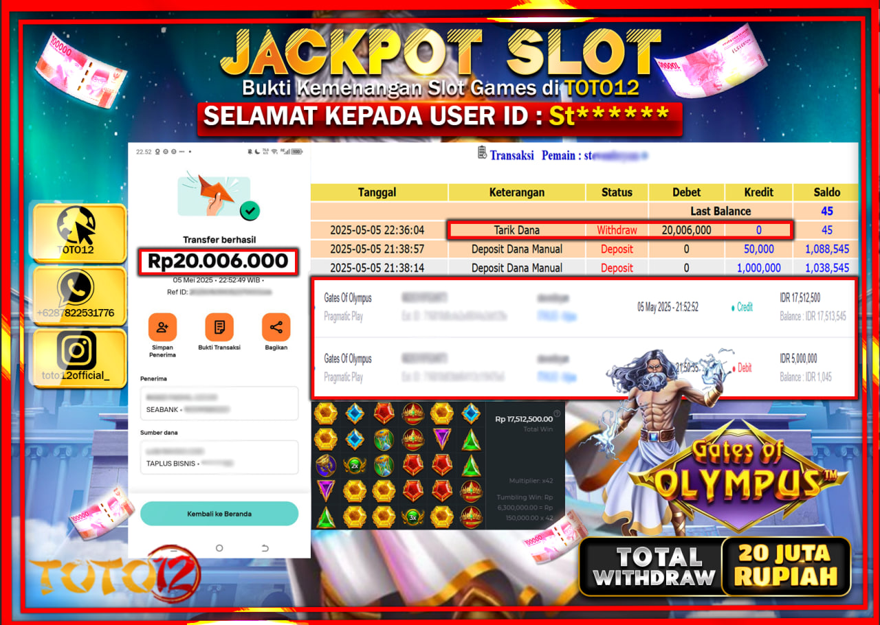 HANYA DI TOTO12 JP PASTI DI BAYAR LUNAS DAN CEPAT!!!!!! JACKPOT SLOT GAME (GATES OF OLYMPUS) Rp.20.000.000 !!!!