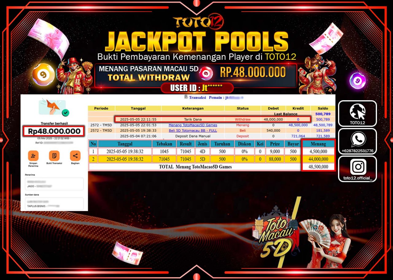 HANYA DI TOTO12 JP PASTI DI BAYAR LUNAS DAN CEPAT!!!!!! JACKPOT POOLS PASARAN (TOTO MACAU5D) Rp.48.000.000 !!!!