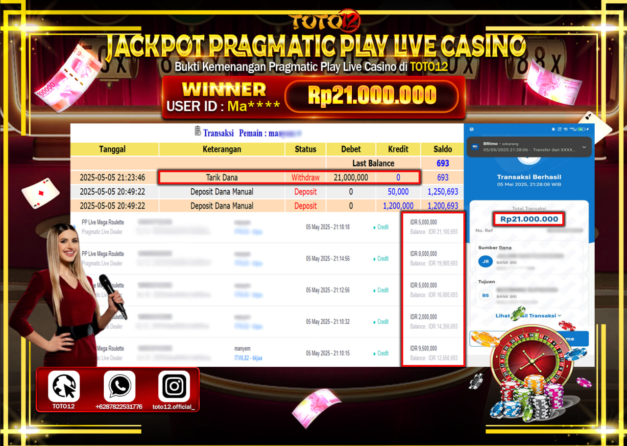 HANYA DI TOTO12 JP PASTI DI BAYAR LUNAS DAN CEPAT!!!!!! JACKPOT PRAGMATIC PLAY LIVE CASINO (MEGA ROULETTE) Rp.21.000.000 !!!!