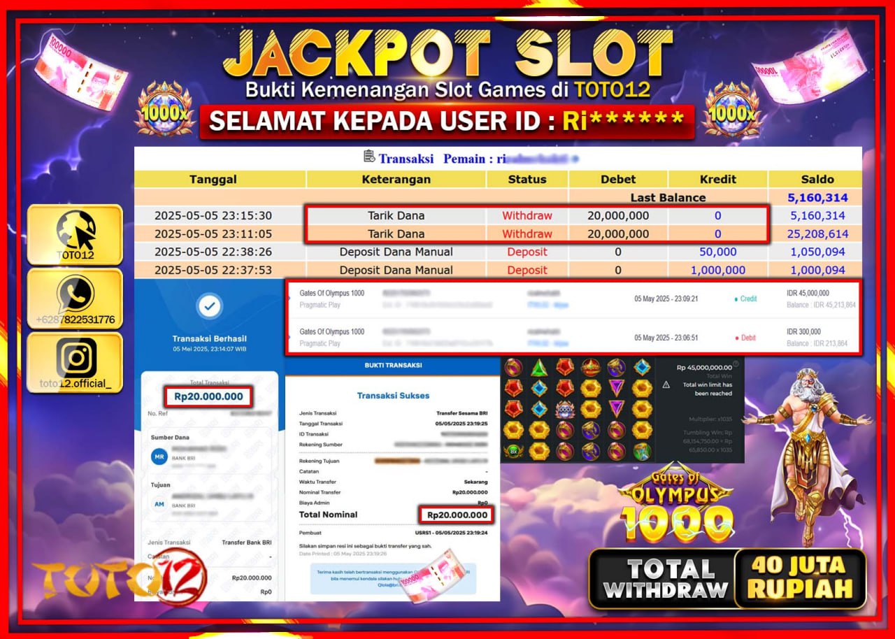 HANYA DI TOTO12 JP PASTI DI BAYAR LUNAS DAN CEPAT!!!!!! JACKPOT SLOT GAME (GATES OF OLYMPUS 1000) Rp.40.000.000 !!!!