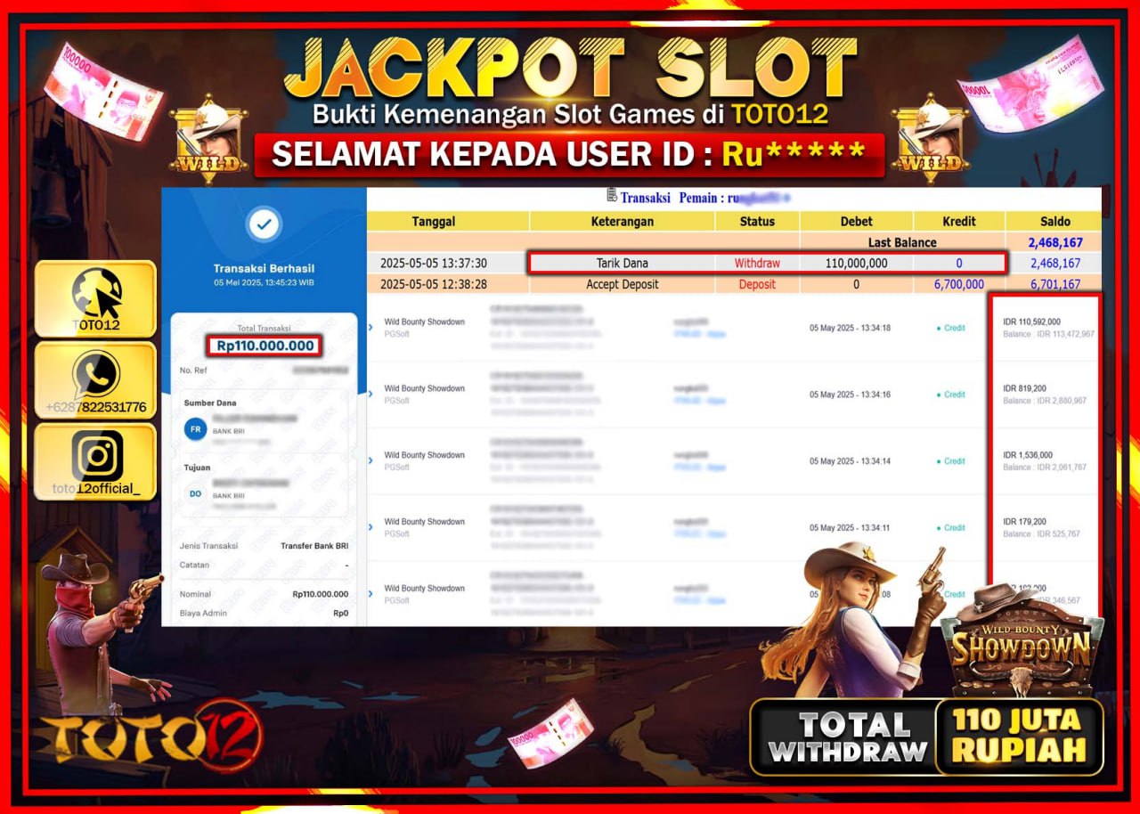 HANYA DI TOTO12 JP PASTI DI BAYAR LUNAS DAN CEPAT!!!!!! JACKPOT SLOT GAME (WILD BOUNTY SHOWDOWN) Rp.110.000.000 !!!!