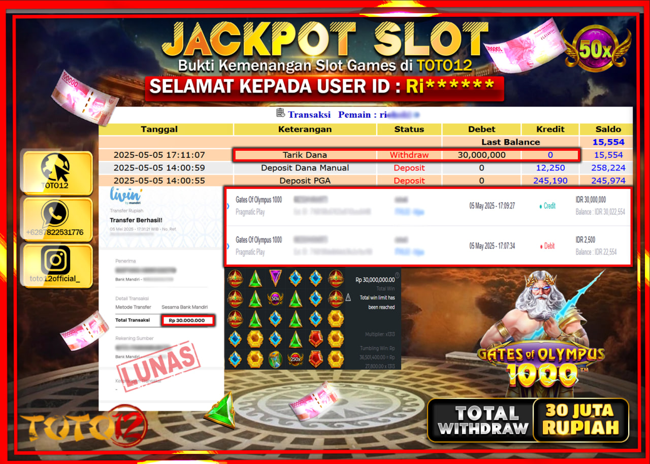 HANYA DI TOTO12 JP PASTI DI BAYAR LUNAS DAN CEPAT!!!!!! JACKPOT SLOT GAME (GATES OF OLYMPUS 1000) Rp.30.000.000 !!!!