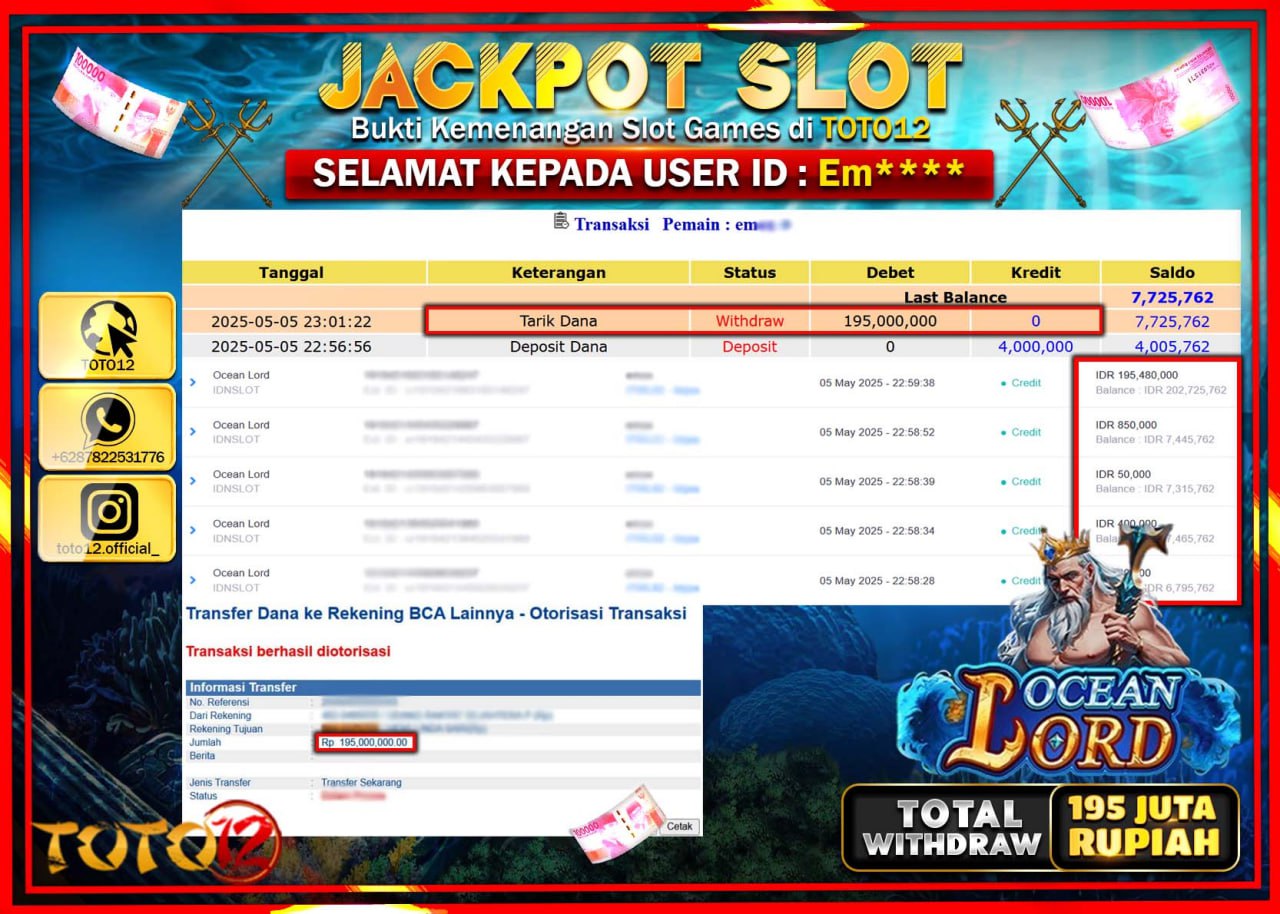 HANYA DI TOTO12 JP PASTI DI BAYAR LUNAS DAN CEPAT!!!!!! JACKPOT SLOT GAME (OCEAN LORD) Rp.195.000.000 !!!!