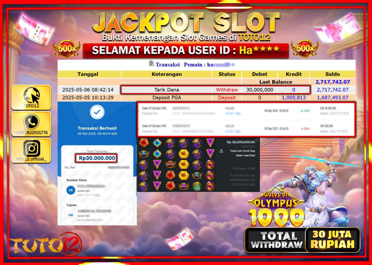 HANYA DI TOTO12 JP PASTI DI BAYAR LUNAS DAN CEPAT!!!!!! JACKPOT SLOT GAME (GATES OF OLYMPUS 1000) Rp.30.000.000 !!!!