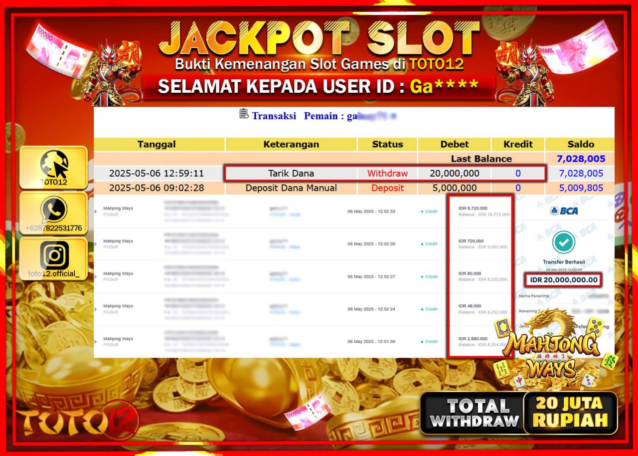 HANYA DI TOTO12 JP PASTI DI BAYAR LUNAS DAN CEPAT!!!!!! JACKPOT SLOT GAME (MAHJONG WAYS) Rp.20.000.000 !!!!