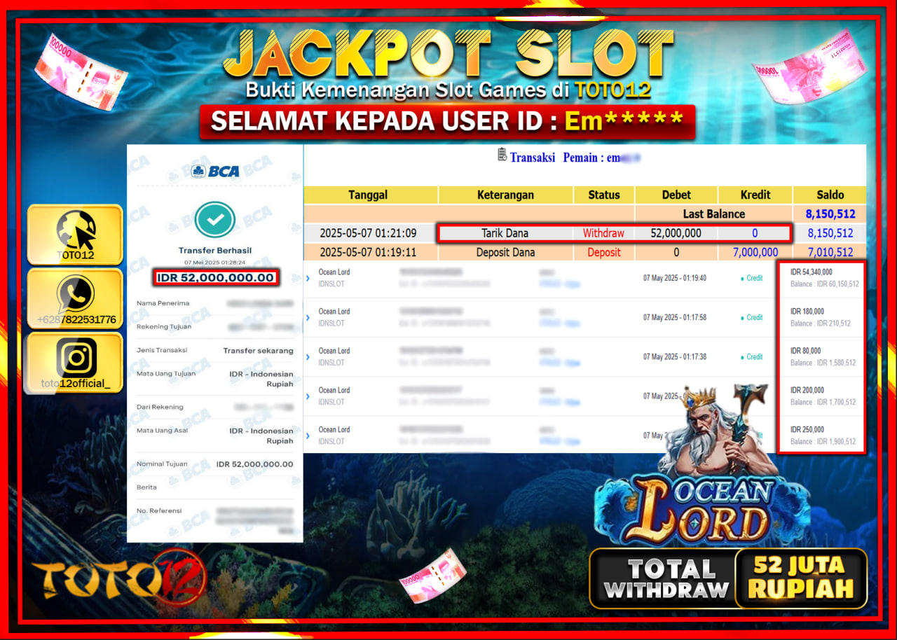 HANYA DI TOTO12 JP PASTI DI BAYAR LUNAS DAN CEPAT!!!!!! JACKPOT SLOT GAME (OCEAN LORD) Rp.52.000.000 !!!!