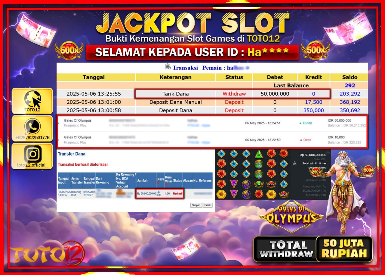 HANYA DI TOTO12 JP PASTI DI BAYAR LUNAS DAN CEPAT!!!!!! JACKPOT SLOT GAME (GATES OF OLYMPUS) Rp.50.000.000 !!!!