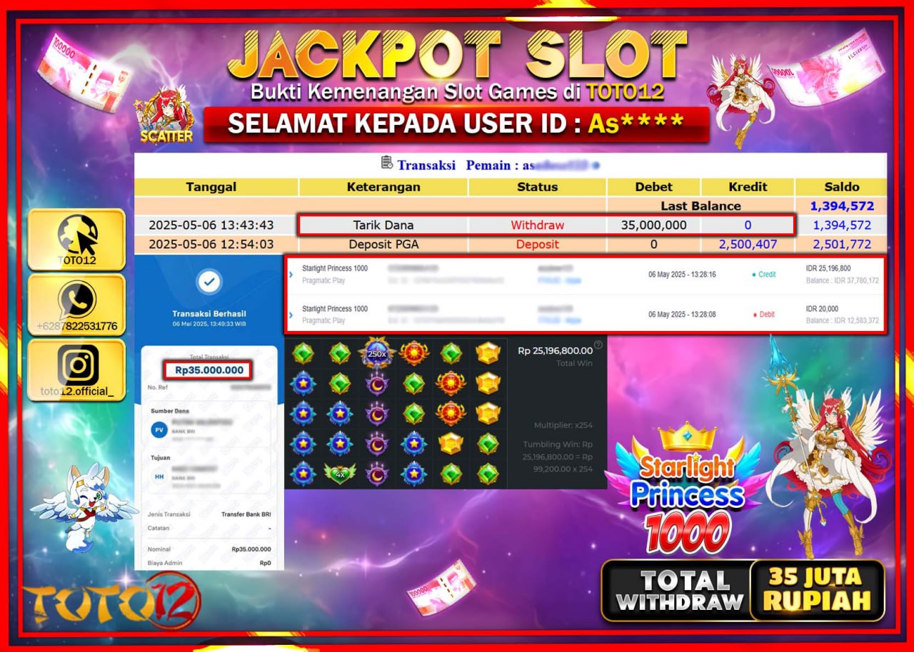 HANYA DI TOTO12 JP PASTI DI BAYAR LUNAS DAN CEPAT!!!!!! JACKPOT SLOT GAME (STARLIGHT PRINCESS 1000) Rp.35.000.000 !!!!