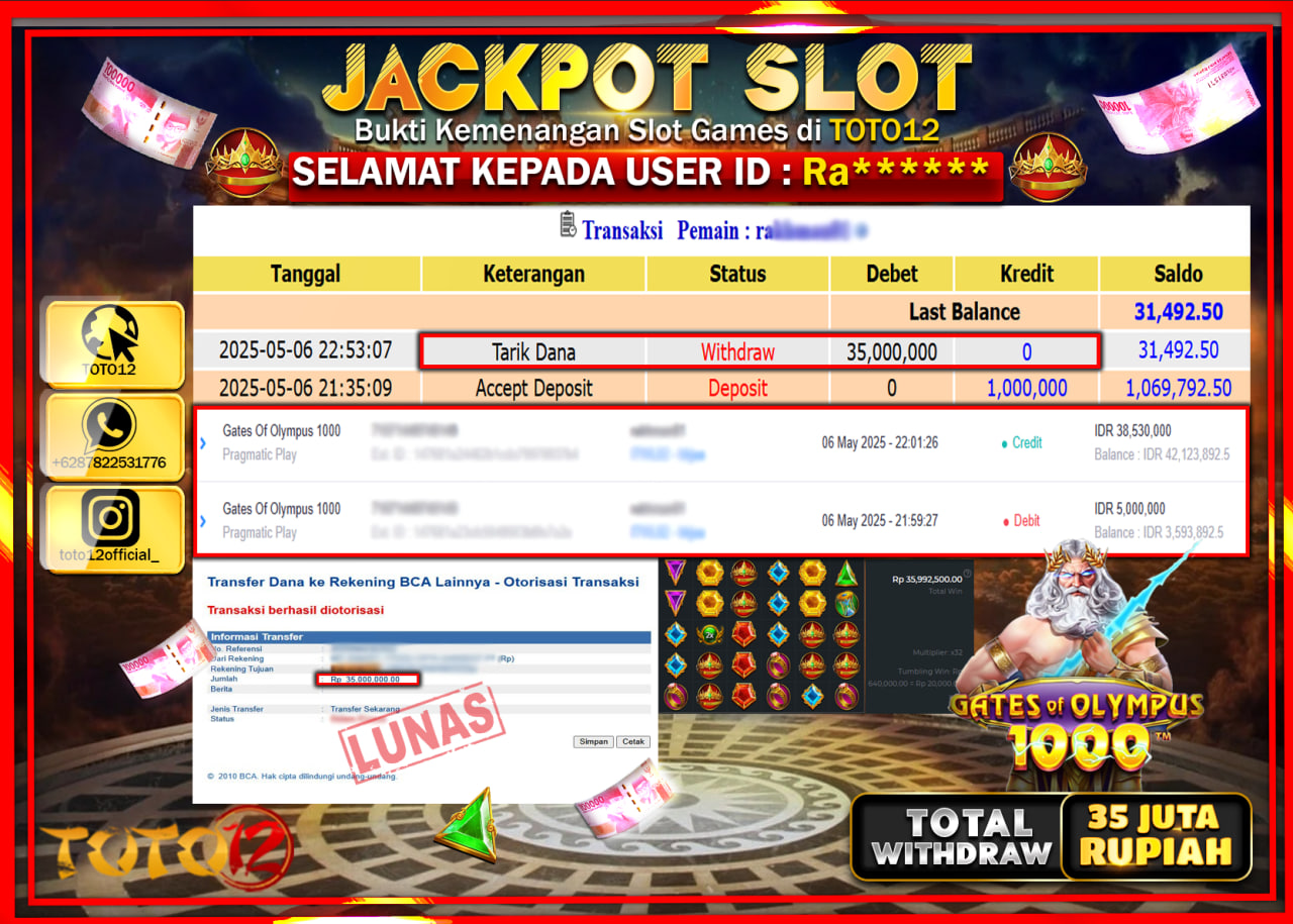 HANYA DI TOTO12 JP PASTI DI BAYAR LUNAS DAN CEPAT!!!!!! JACKPOT SLOT GAME (GATES OF OLYMPUS 1000) Rp.35.000.000 !!!!