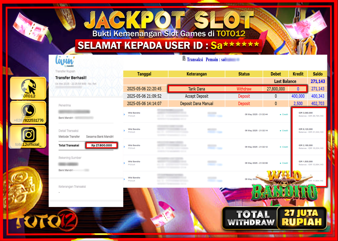 HANYA DI TOTO12 JP PASTI DI BAYAR LUNAS DAN CEPAT!!!!!! JACKPOT SLOT GAME (WILD BANDITO) Rp.27.000.000 !!!!