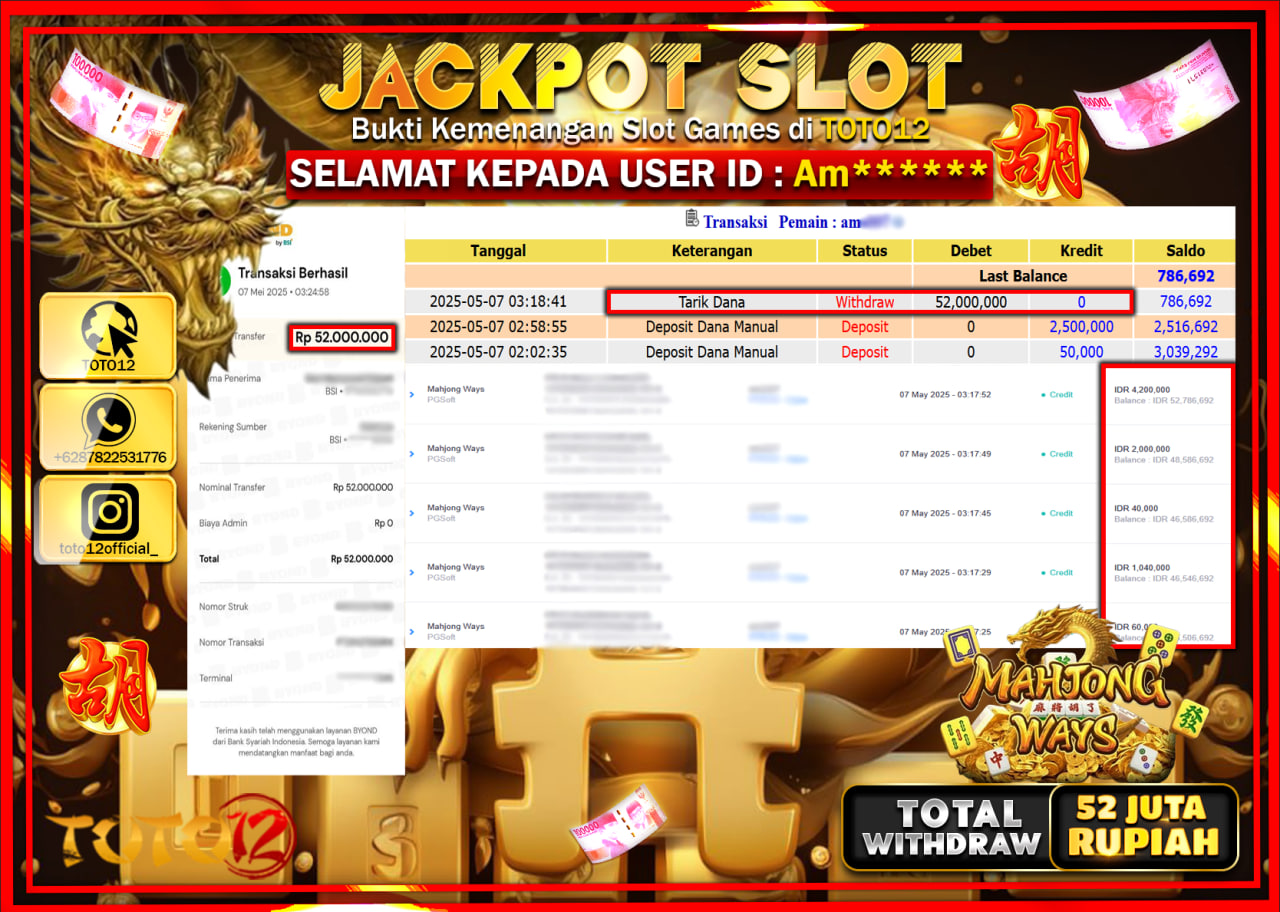 HANYA DI TOTO12 JP PASTI DI BAYAR LUNAS DAN CEPAT!!!!!! JACKPOT SLOT GAME (MAHJONG WAYS) Rp.52.000.000 !!!!