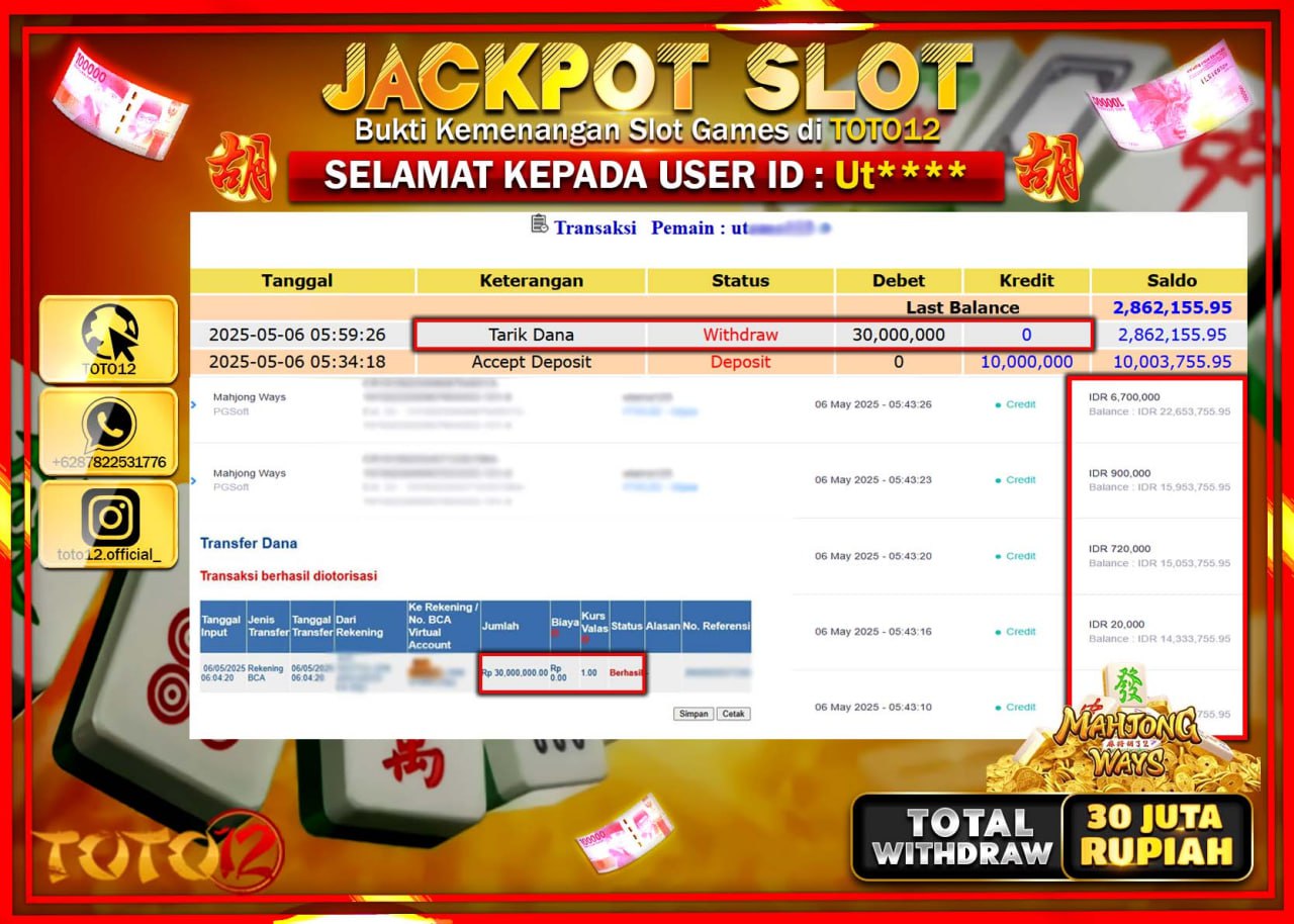 HANYA DI TOTO12 JP PASTI DI BAYAR LUNAS DAN CEPAT!!!!!! JACKPOT SLOT GAME (MAHJONG WAYS) Rp.30.000.000 !!!!