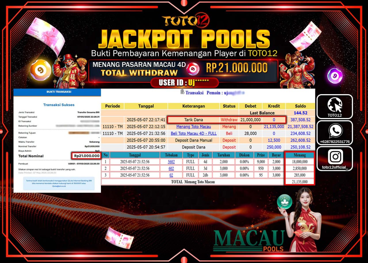 HANYA DI TOTO12 JP PASTI DI BAYAR LUNAS DAN CEPAT!!!!!! JACKPOT POOLS PASARAN (TOTO MACAU4D) Rp.21.000.000 !!!!