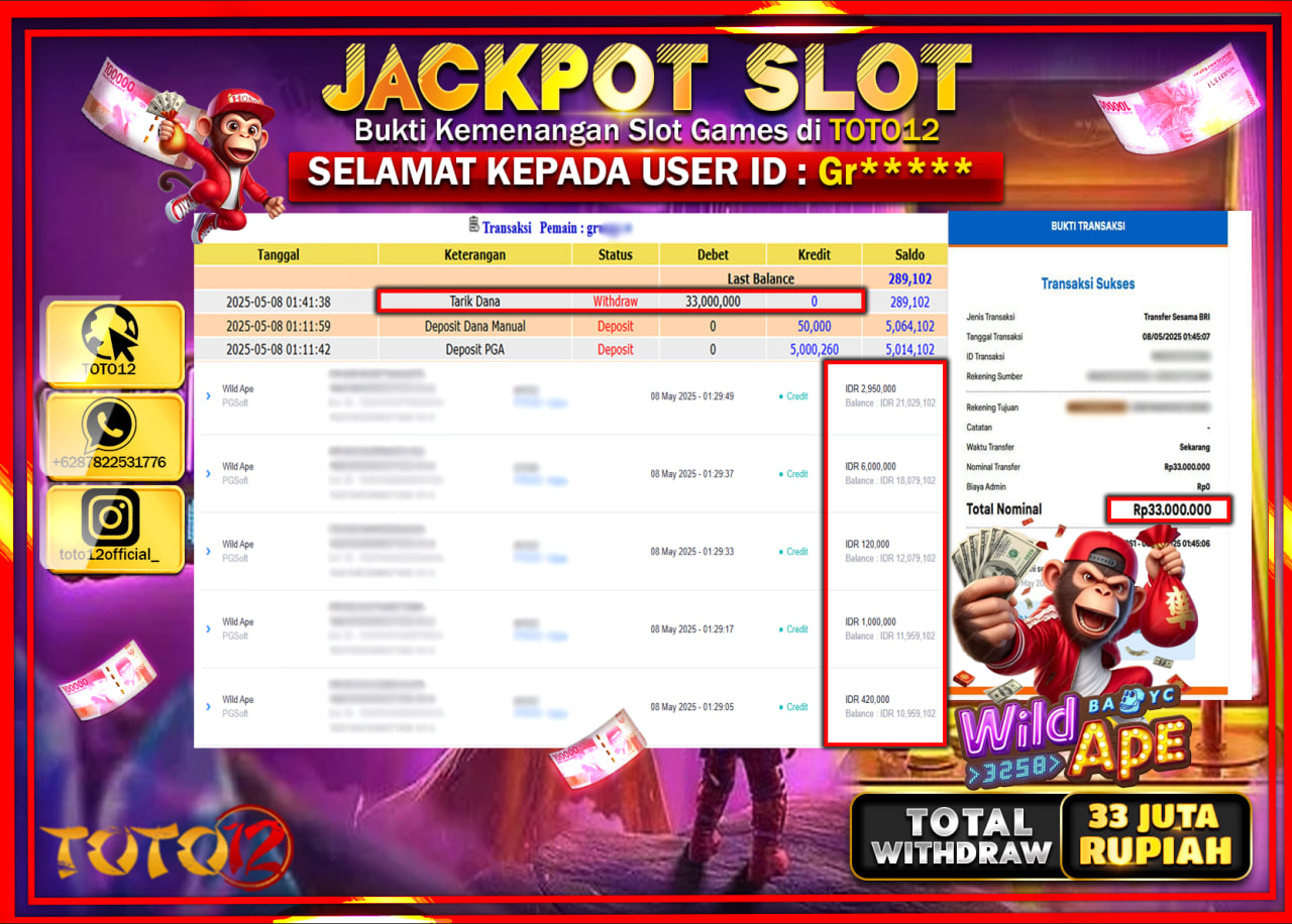 HANYA DI TOTO12 JP PASTI DI BAYAR LUNAS DAN CEPAT!!!!!! JACKPOT SLOT GAME (WILD APE) Rp.33.000.000 !!!!