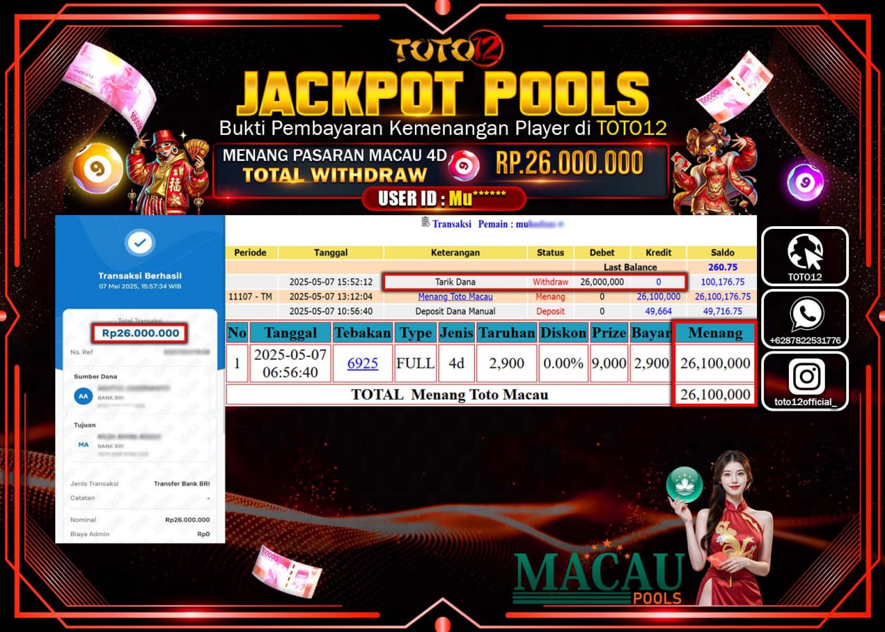 HANYA DI TOTO12 JP PASTI DI BAYAR LUNAS DAN CEPAT!!!!!! JACKPOT POOLS PASARAN (TOTO MACAU4D) Rp.26.000.000 !!!!