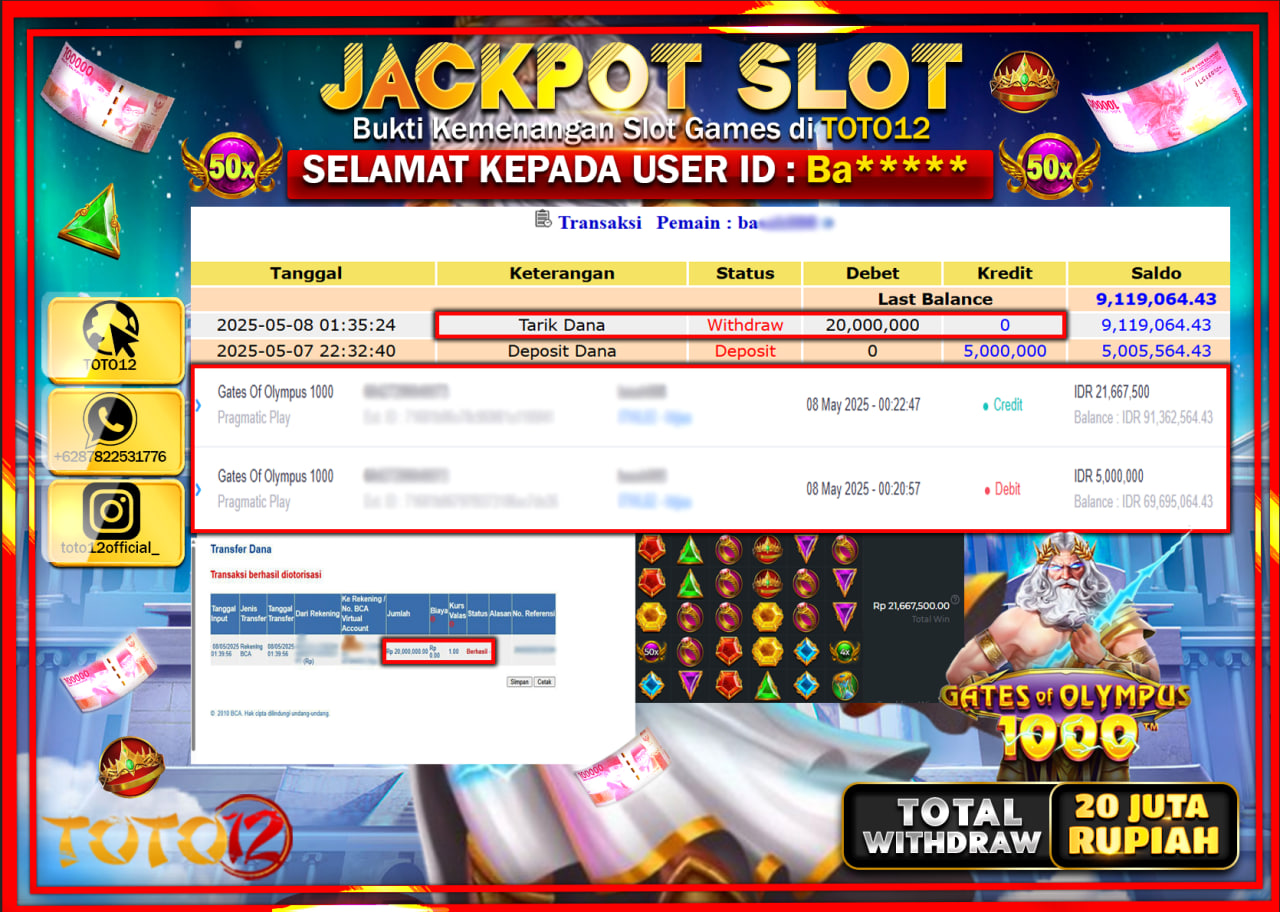 HANYA DI TOTO12 JP PASTI DI BAYAR LUNAS DAN CEPAT!!!!!! JACKPOT SLOT GAME (GATES OF OLYMPUS 1000) Rp.20.000.000 !!!!