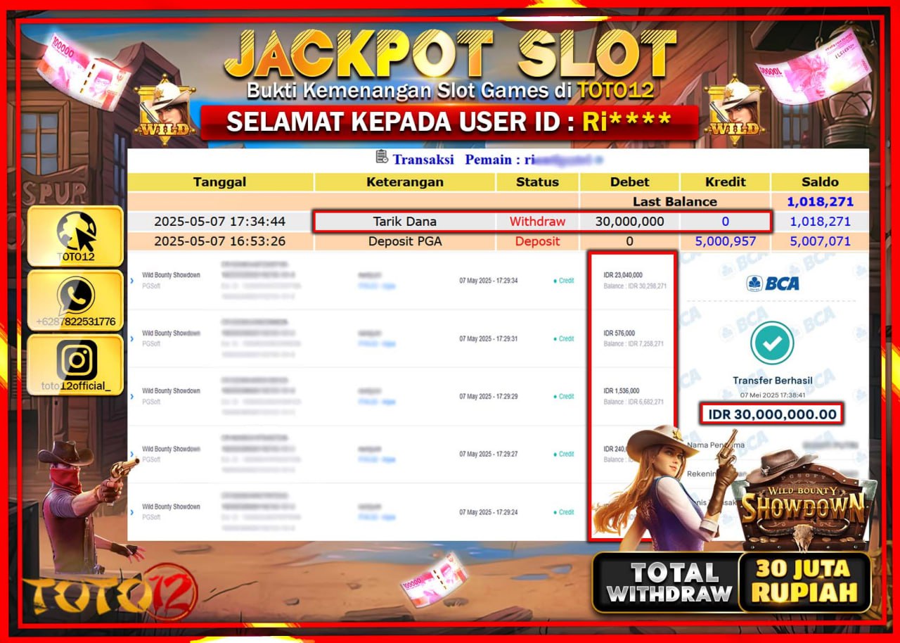 HANYA DI TOTO12 JP PASTI DI BAYAR LUNAS DAN CEPAT!!!!!! JACKPOT SLOT GAME (WILD BOUNTY SHOWDOWN) Rp.30.000.000 !!!!