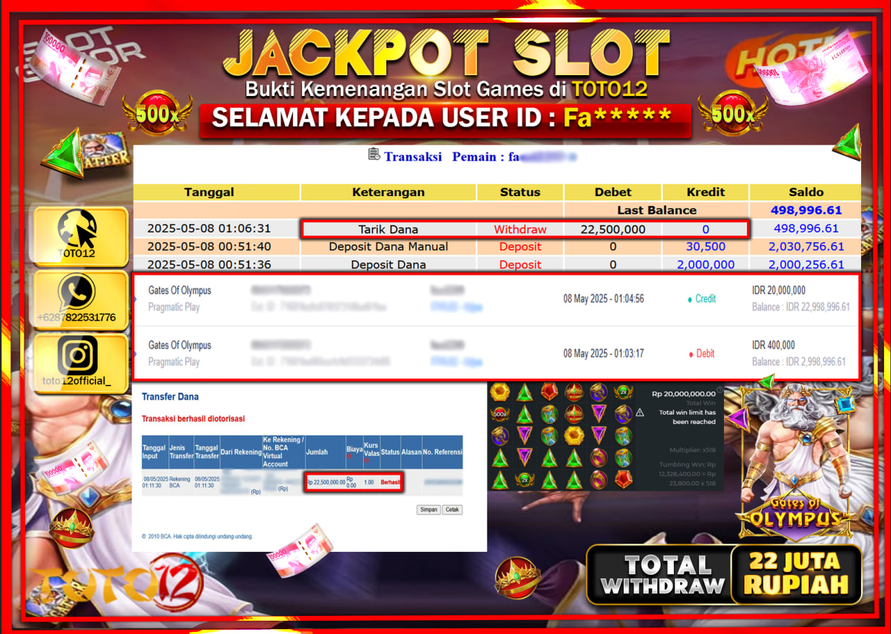 HANYA DI TOTO12 JP PASTI DI BAYAR LUNAS DAN CEPAT!!!!!! JACKPOT SLOT GAME (GATES OF OLYMPUS) Rp.22.000.000 !!!!