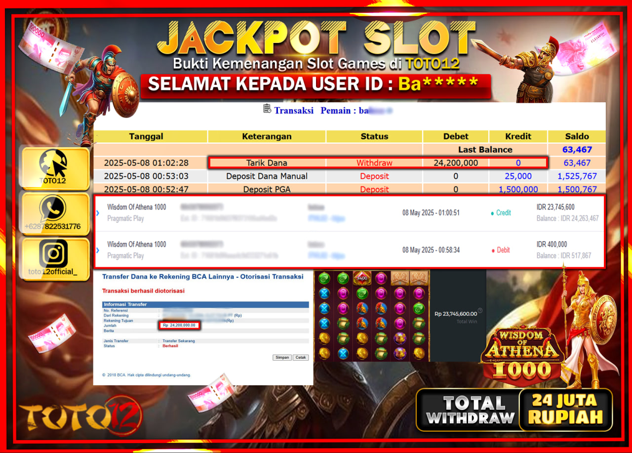 HANYA DI TOTO12 JP PASTI DI BAYAR LUNAS DAN CEPAT!!!!!! JACKPOT SLOT GAME (WISDOM OF ATHENA 1000) Rp.24.000.000 !!!!