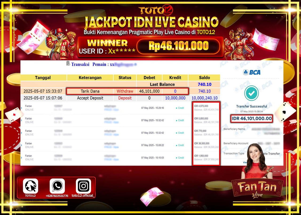 HANYA DI TOTO12 JP PASTI DI BAYAR LUNAS DAN CEPAT!!!!!! JACKPOT IDN LIVE GAMES CASINO (FANTAN) Rp.46.101.000 !!!!