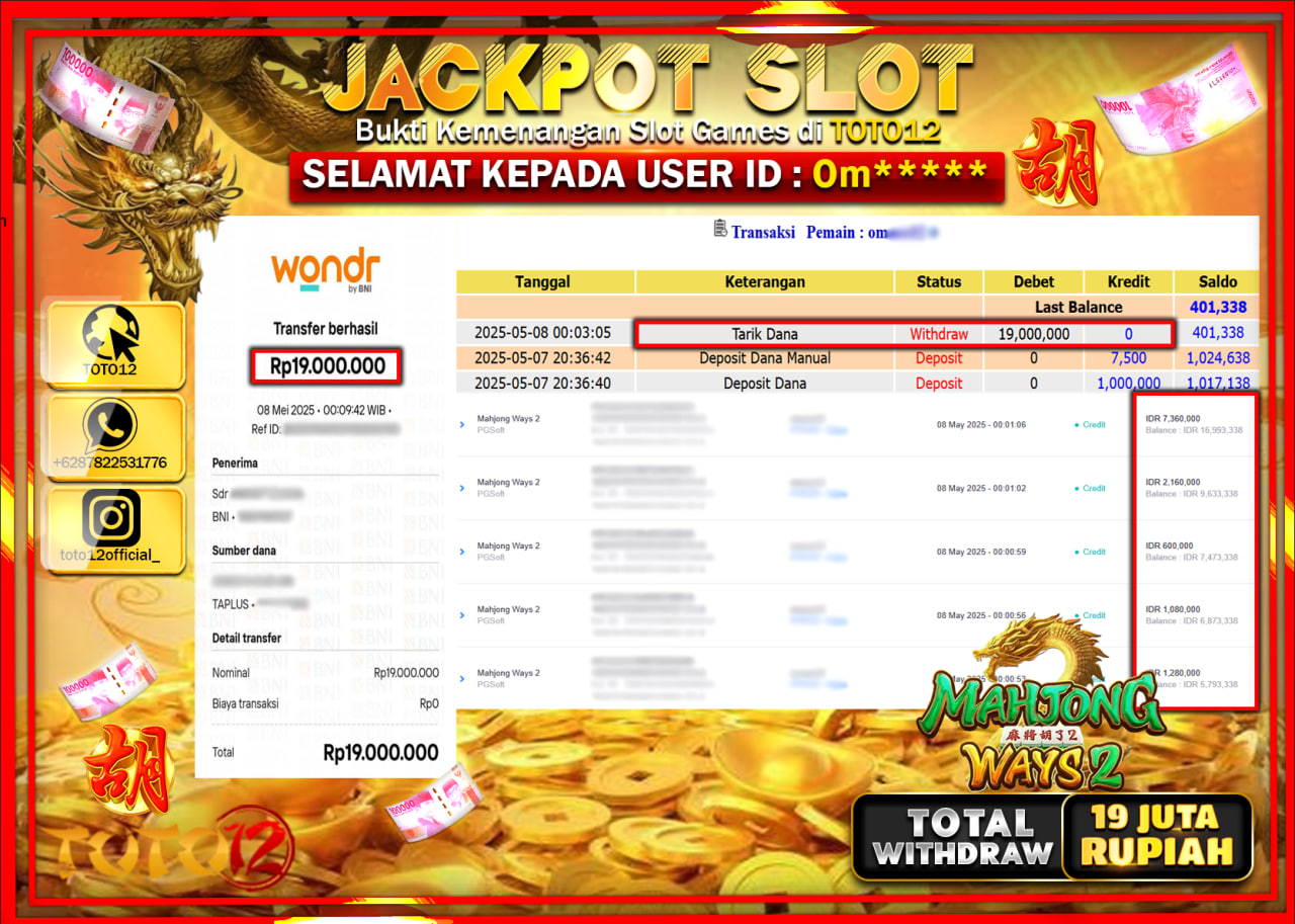 HANYA DI TOTO12 JP PASTI DI BAYAR LUNAS DAN CEPAT!!!!!! JACKPOT SLOT GAME (MAHJONG WAYS 2) Rp.19.000.000 !!!!