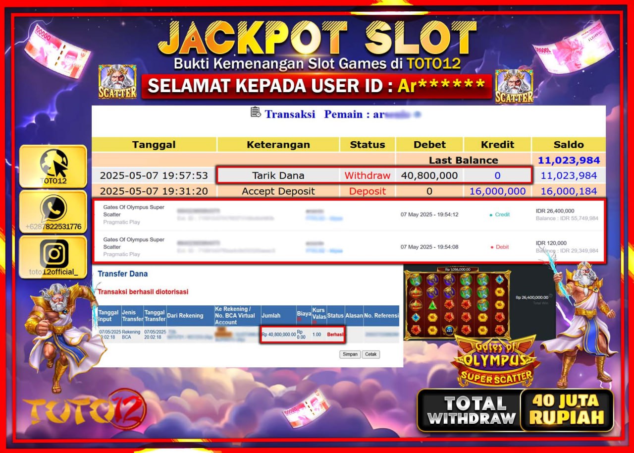 HANYA DI TOTO12 JP PASTI DI BAYAR LUNAS DAN CEPAT!!!!!! JACKPOT SLOT GAME (GATES OF OLYMPUS SUPER SCATTER) Rp.40.000.000 !!!!