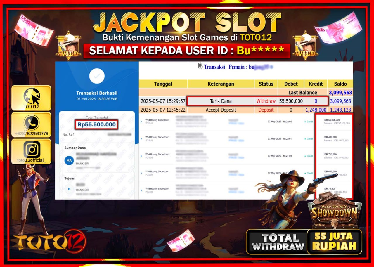 HANYA DI TOTO12 JP PASTI DI BAYAR LUNAS DAN CEPAT!!!!!! JACKPOT SLOT GAME (WILD BOUNTY SHOWDOWN) Rp.55.000.000 !!!!