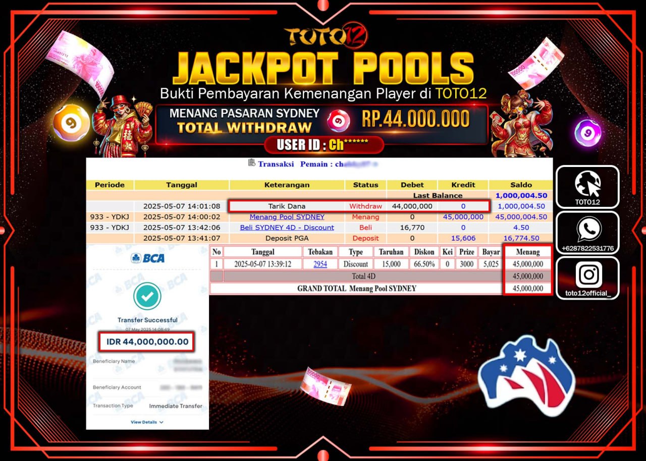 HANYA DI TOTO12 JP PASTI DI BAYAR LUNAS DAN CEPAT!!!!!! JACKPOT POOLS PASARAN (SYDNEY) Rp.44.000.000 !!!!