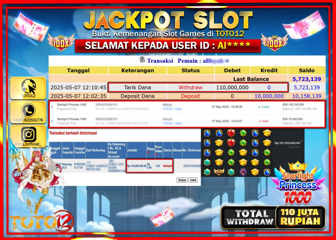 HANYA DI TOTO12 JP PASTI DI BAYAR LUNAS DAN CEPAT!!!!!! JACKPOT SLOT GAME (STARLIGHT PRINCESS 1000) Rp.110.000.000 !!!!