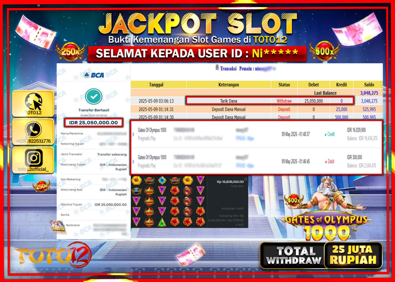 HANYA DI TOTO12 JP PASTI DI BAYAR LUNAS DAN CEPAT!!!!!! JACKPOT SLOT GAME (GATES OF OLYMPUS 1000) Rp.25.000.000 !!!!