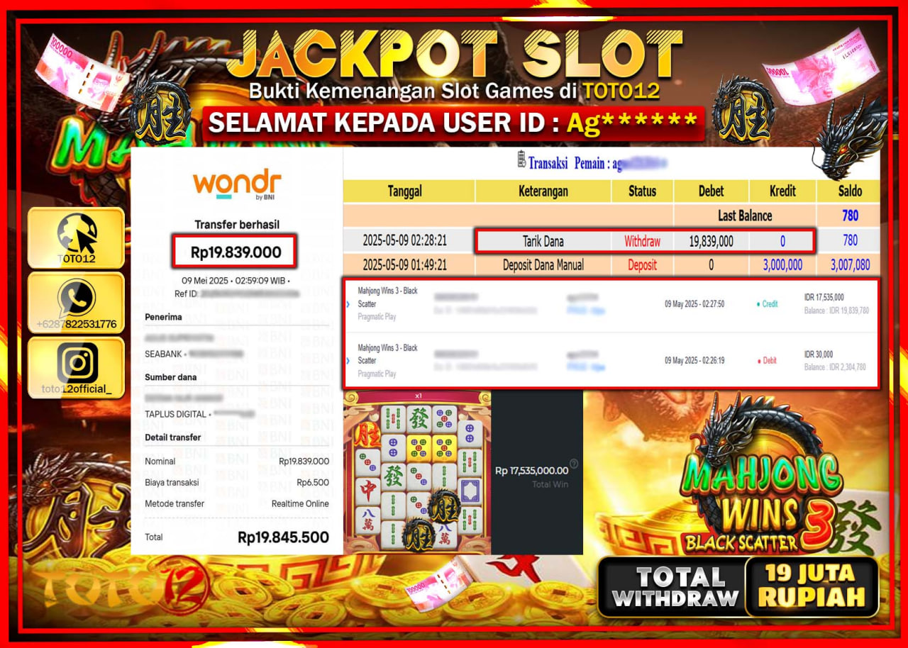 HANYA DI TOTO12 JP PASTI DI BAYAR LUNAS DAN CEPAT!!!!!! JACKPOT SLOT GAME (MAHJONG WINS 3 BLACK SCATTER) Rp.19.000.000 !!!!