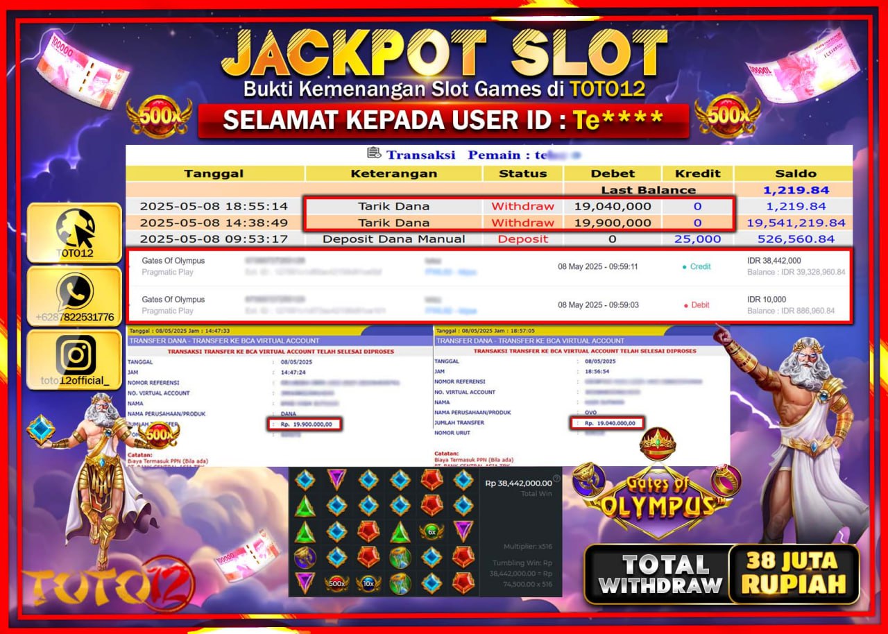 HANYA DI TOTO12 JP PASTI DI BAYAR LUNAS DAN CEPAT!!!!!! JACKPOT SLOT GAME (GATES OF OLYMPUS) Rp.38.000.000 !!!!