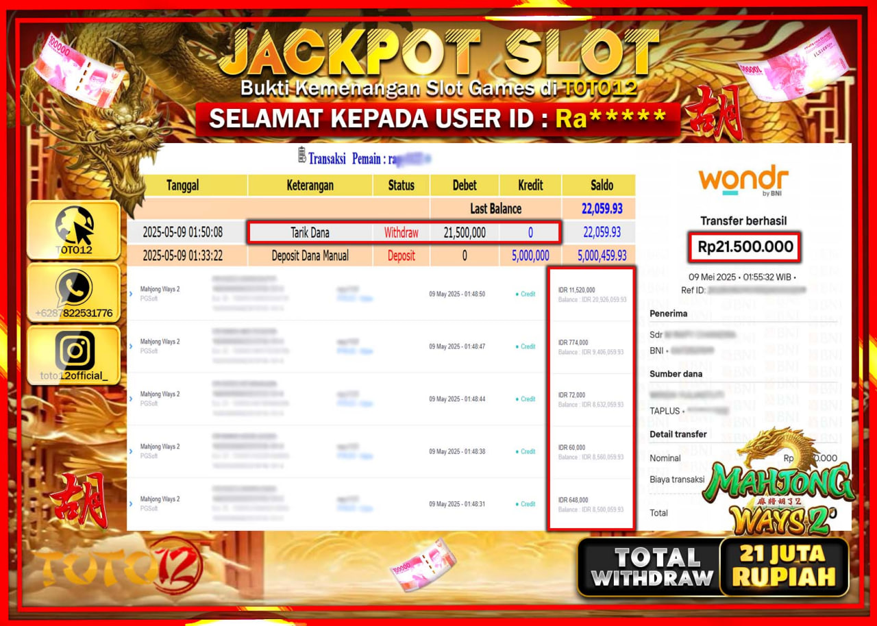 HANYA DI TOTO12 JP PASTI DI BAYAR LUNAS DAN CEPAT!!!!!! JACKPOT SLOT GAME (MAHJONG WAYS 2) Rp.21.000.000 !!!!